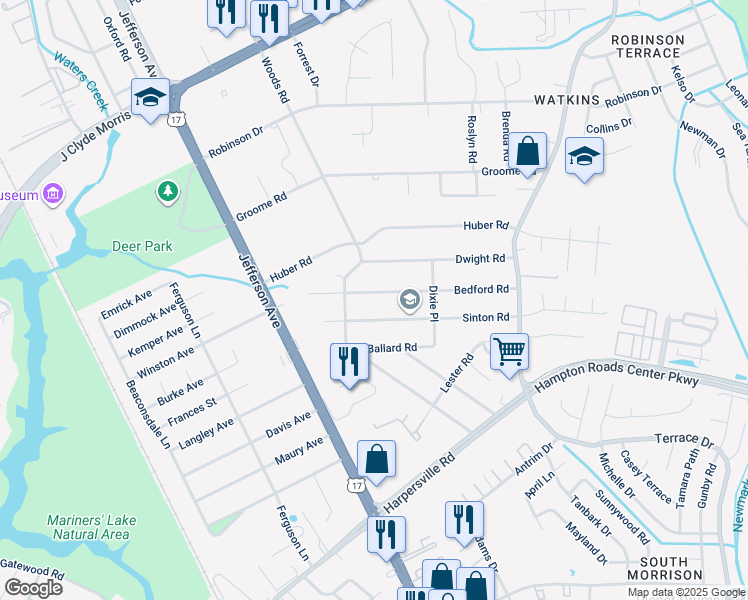 map of restaurants, bars, coffee shops, grocery stores, and more near 24 Bedford Road in Newport News