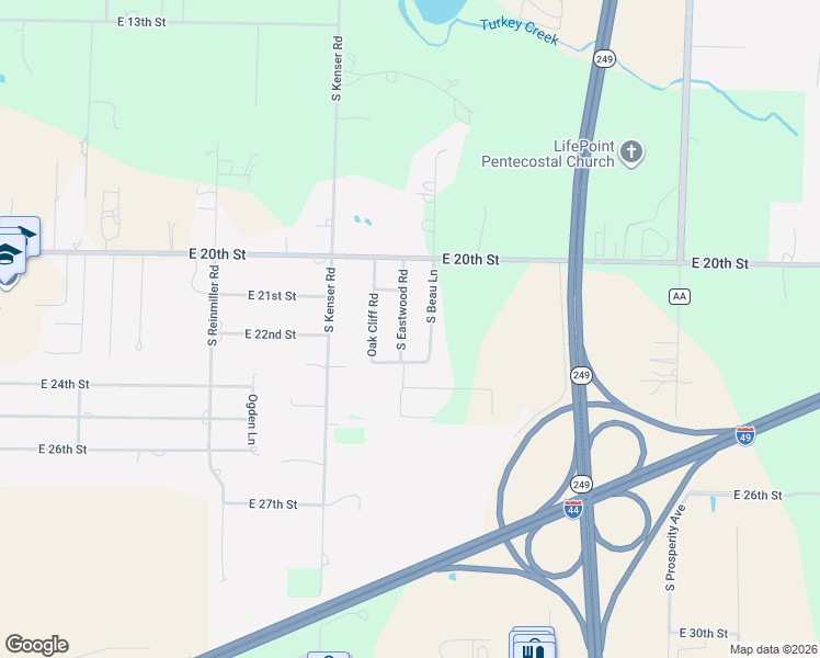 map of restaurants, bars, coffee shops, grocery stores, and more near 2100-2268 S Eastwood Rd in Joplin
