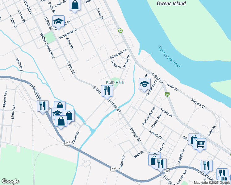 map of restaurants, bars, coffee shops, grocery stores, and more near 1900 Allen Street in Paducah