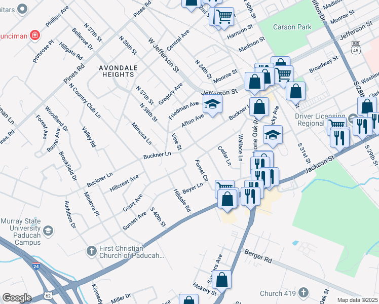 map of restaurants, bars, coffee shops, grocery stores, and more near 100-198 Ridgewood Ave in Paducah