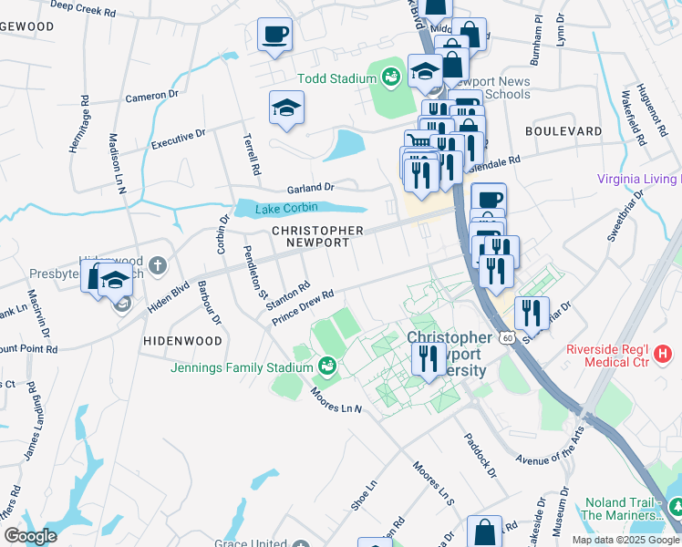 map of restaurants, bars, coffee shops, grocery stores, and more near 11 Burwell Circle in Newport News