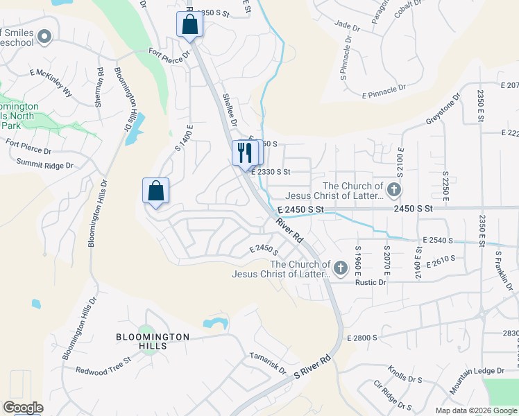 map of restaurants, bars, coffee shops, grocery stores, and more near 2422 South River Road in St. George