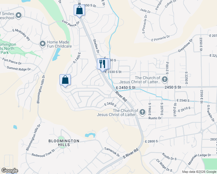 map of restaurants, bars, coffee shops, grocery stores, and more near 1611 2450 South Street in St. George