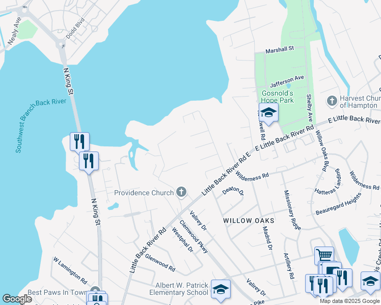 map of restaurants, bars, coffee shops, grocery stores, and more near 16 Critzos Court in Hampton