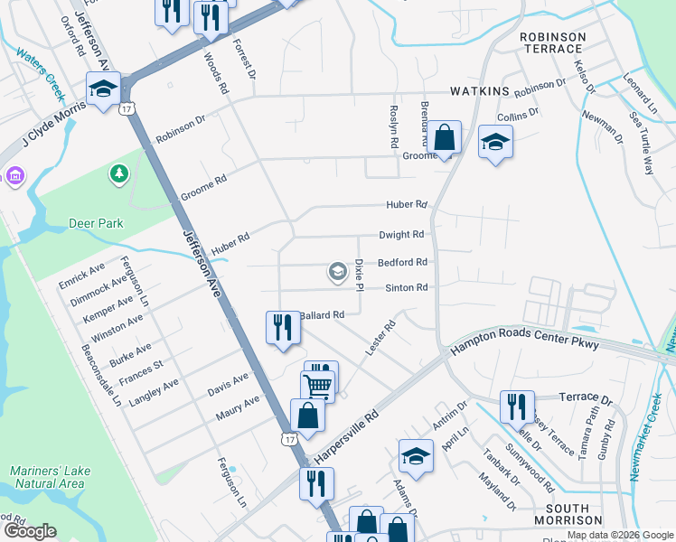 map of restaurants, bars, coffee shops, grocery stores, and more near 33 Sinton Road in Newport News
