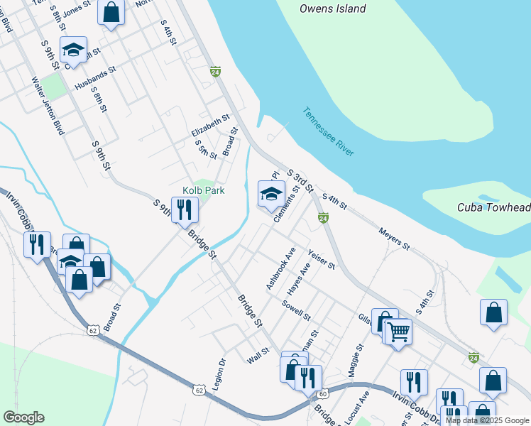 map of restaurants, bars, coffee shops, grocery stores, and more near 263 Farley Place in Paducah