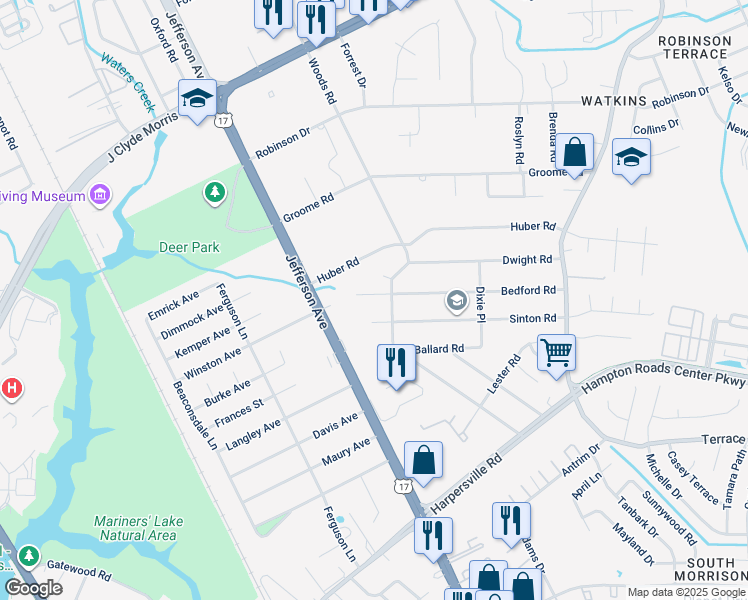 map of restaurants, bars, coffee shops, grocery stores, and more near 10 Bedford Road in Newport News