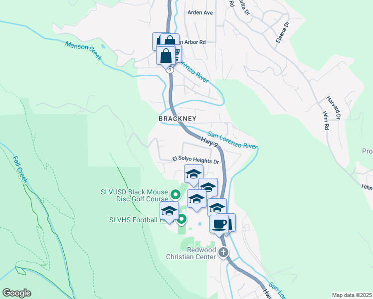 map of restaurants, bars, coffee shops, grocery stores, and more near 340 Hillview Drive in Felton