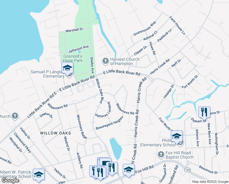 map of restaurants, bars, coffee shops, grocery stores, and more near 303 Rapidan Road in Hampton
