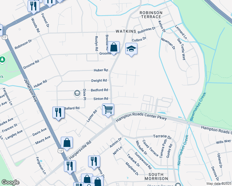 map of restaurants, bars, coffee shops, grocery stores, and more near 483 J.William Court in Newport News