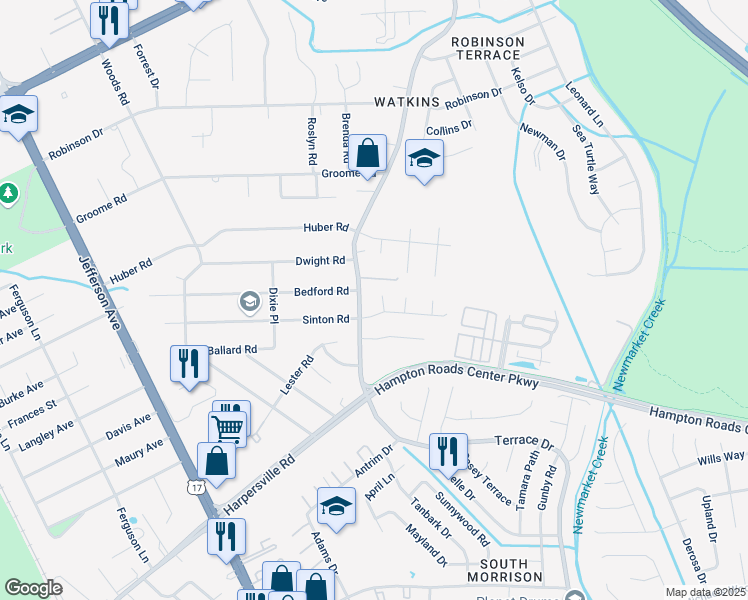 map of restaurants, bars, coffee shops, grocery stores, and more near 483 J.William Court in Newport News