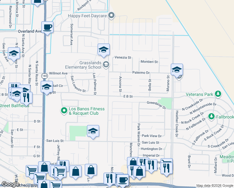 map of restaurants, bars, coffee shops, grocery stores, and more near 2065 Coliseum Court in Los Banos