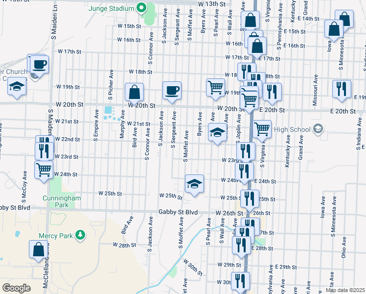 map of restaurants, bars, coffee shops, grocery stores, and more near 2204 South Moffet Avenue in Joplin