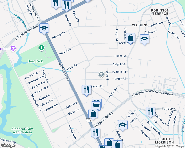 map of restaurants, bars, coffee shops, grocery stores, and more near 24 Bedford Road in Newport News
