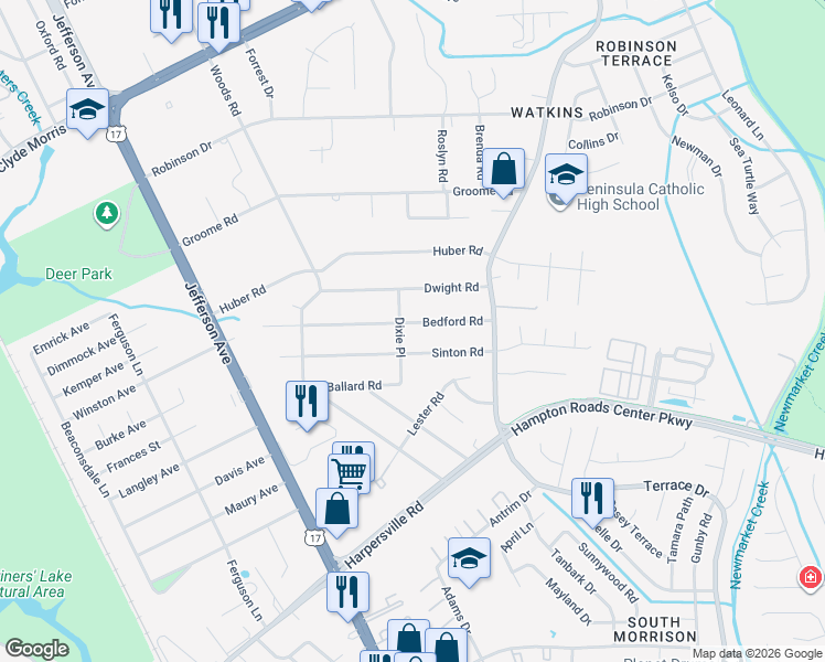 map of restaurants, bars, coffee shops, grocery stores, and more near 43 Sinton Road in Newport News