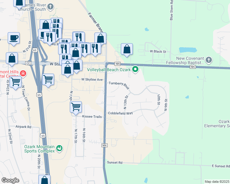 map of restaurants, bars, coffee shops, grocery stores, and more near 5114 North Graybrooke Drive in Ozark