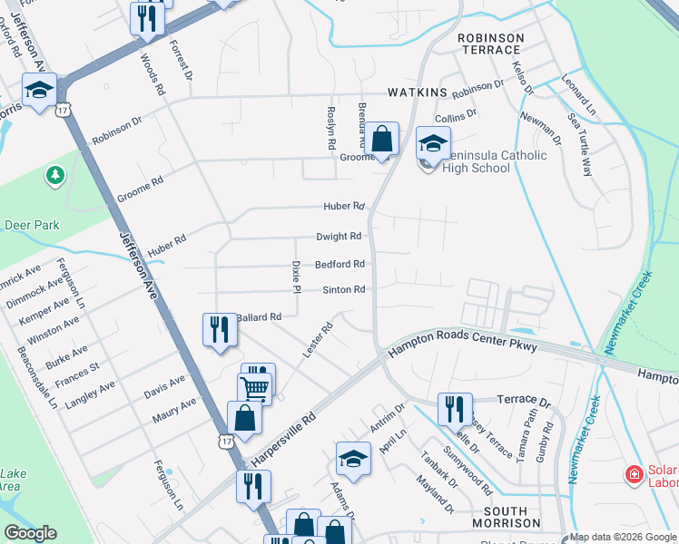 map of restaurants, bars, coffee shops, grocery stores, and more near 55 Sinton Road in Newport News