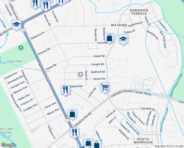 map of restaurants, bars, coffee shops, grocery stores, and more near 50 Bedford Road in Newport News