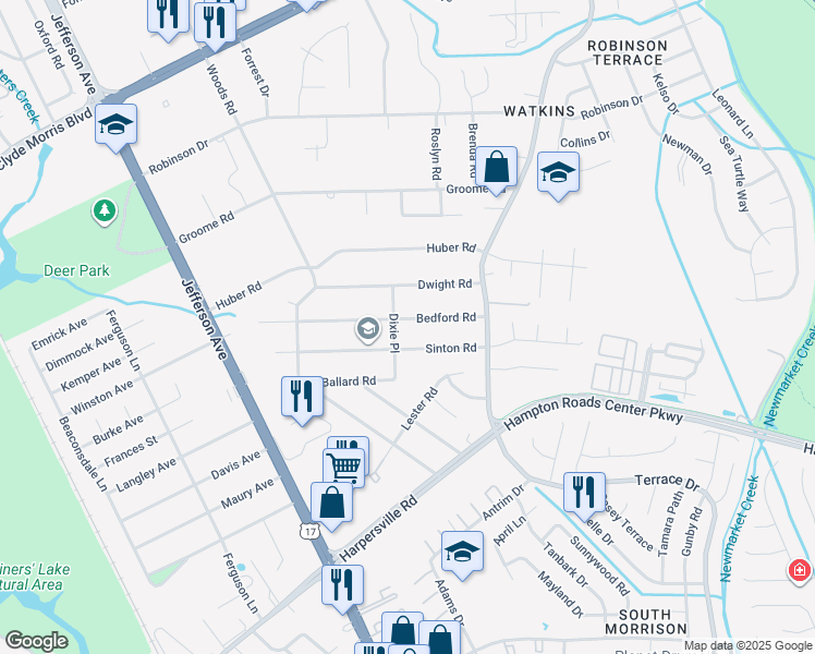 map of restaurants, bars, coffee shops, grocery stores, and more near 43 Sinton Road in Newport News