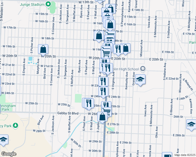 map of restaurants, bars, coffee shops, grocery stores, and more near 2215 South Joplin Avenue in Joplin