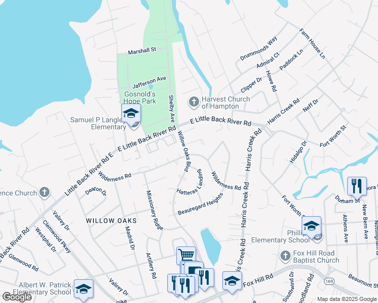 map of restaurants, bars, coffee shops, grocery stores, and more near 132 Wilderness Road in Hampton
