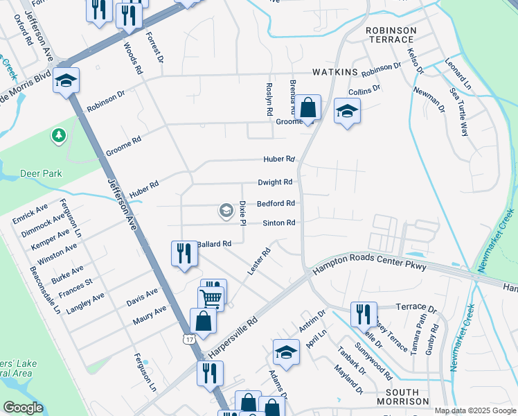 map of restaurants, bars, coffee shops, grocery stores, and more near 50 Bedford Road in Newport News