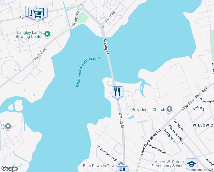 map of restaurants, bars, coffee shops, grocery stores, and more near 23 Waters Edge Circle in Hampton