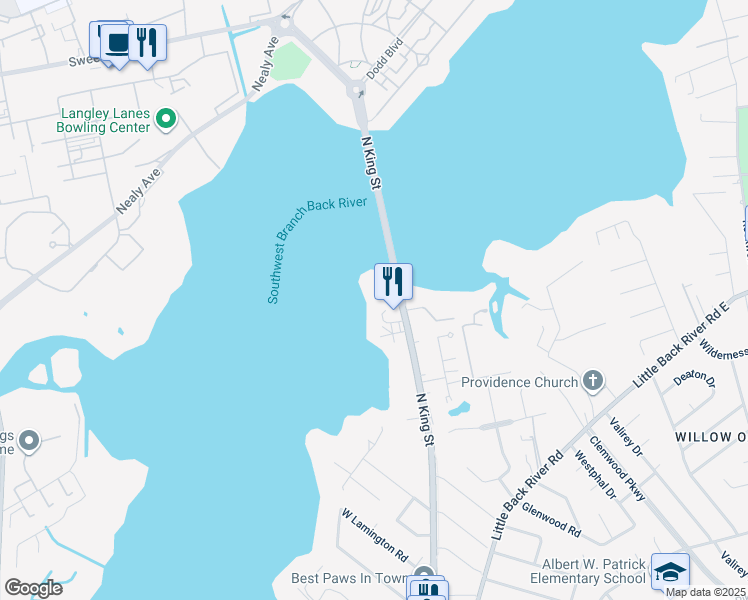 map of restaurants, bars, coffee shops, grocery stores, and more near 23 Waters Edge Circle in Hampton