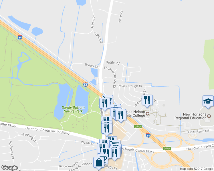 map of restaurants, bars, coffee shops, grocery stores, and more near 1274 Big Bethel Place in Hampton