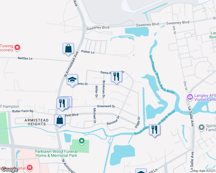 map of restaurants, bars, coffee shops, grocery stores, and more near 100 Sacramento Drive in Hampton