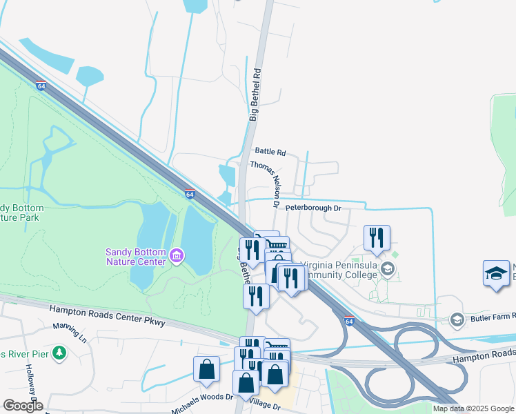 map of restaurants, bars, coffee shops, grocery stores, and more near 1274 Big Bethel Place in Hampton