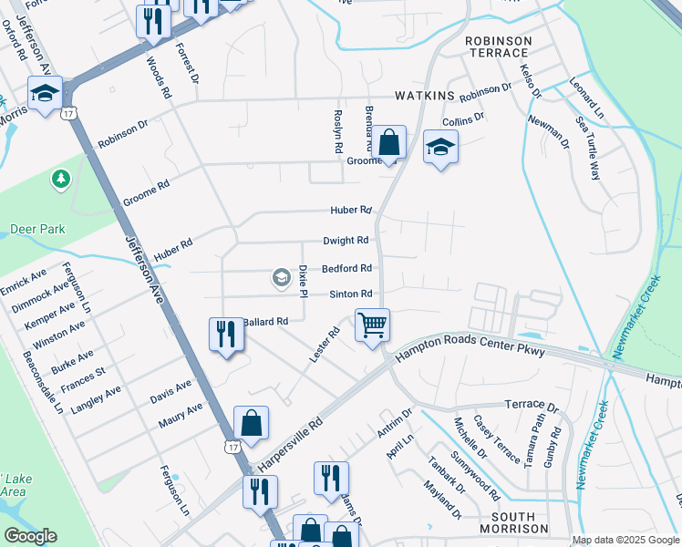 map of restaurants, bars, coffee shops, grocery stores, and more near 56 Bedford Road in Newport News