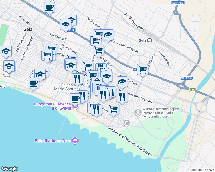 map of restaurants, bars, coffee shops, grocery stores, and more near 68 Via Generale Cascino in Gela