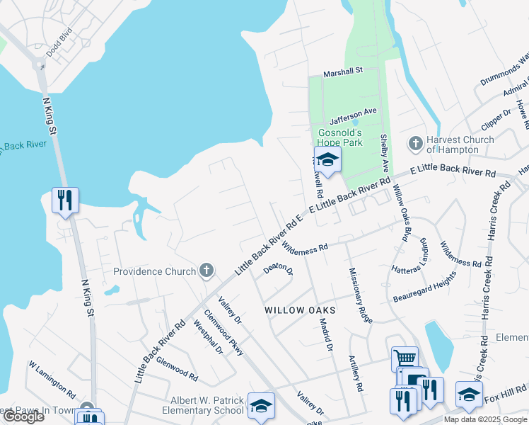 map of restaurants, bars, coffee shops, grocery stores, and more near 18 Old Meribeth Road in Hampton