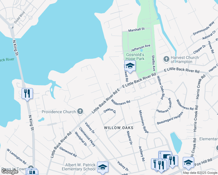 map of restaurants, bars, coffee shops, grocery stores, and more near 10 Old Meribeth Road in Hampton