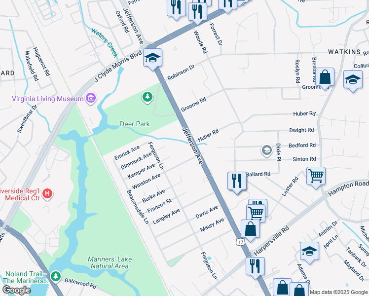 map of restaurants, bars, coffee shops, grocery stores, and more near 11311 Winston Place in Newport News