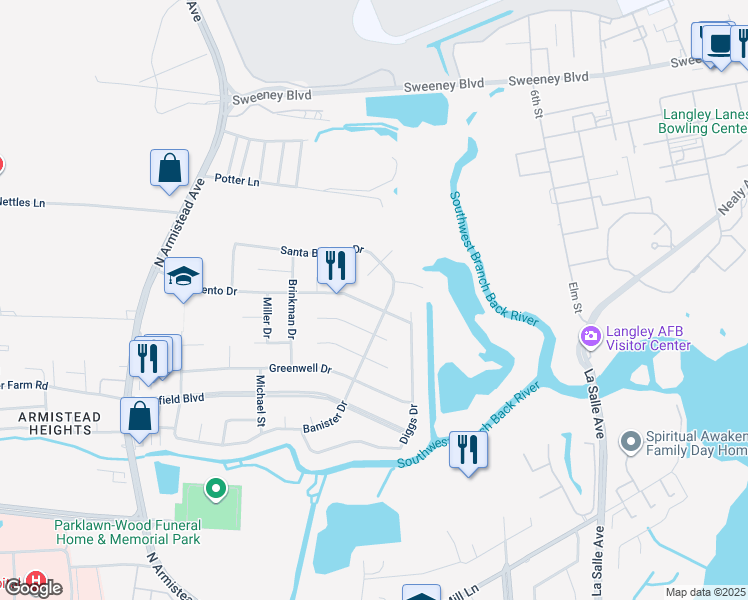 map of restaurants, bars, coffee shops, grocery stores, and more near 121 Sacramento Drive in Hampton