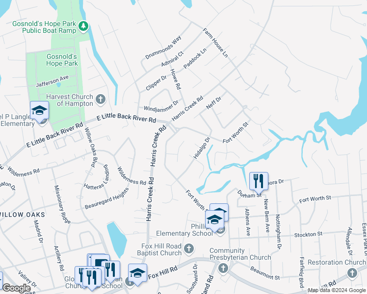 map of restaurants, bars, coffee shops, grocery stores, and more near 109 Duval Court in Hampton