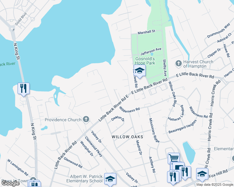 map of restaurants, bars, coffee shops, grocery stores, and more near 10 Old Meribeth Road in Hampton