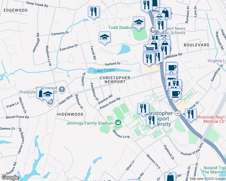 map of restaurants, bars, coffee shops, grocery stores, and more near 375 Stanton Road in Newport News