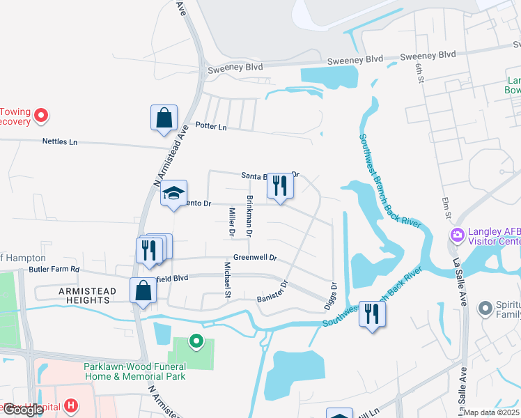 map of restaurants, bars, coffee shops, grocery stores, and more near 100 Sacramento Drive in Hampton