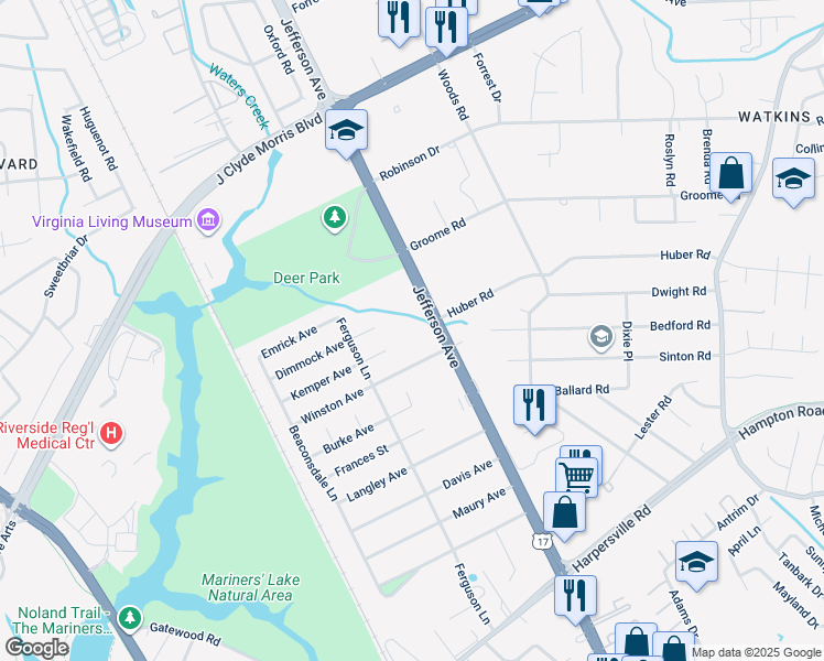 map of restaurants, bars, coffee shops, grocery stores, and more near 11423 Jefferson Avenue in Newport News
