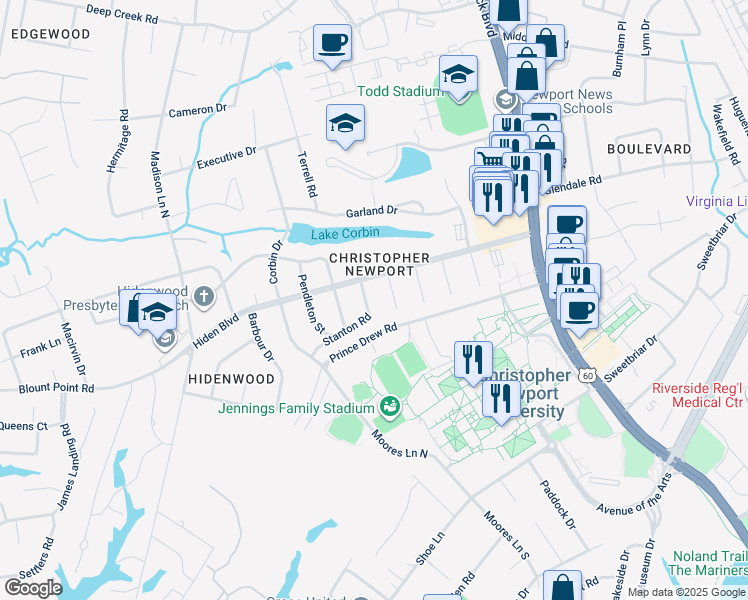 map of restaurants, bars, coffee shops, grocery stores, and more near 375 Stanton Road in Newport News