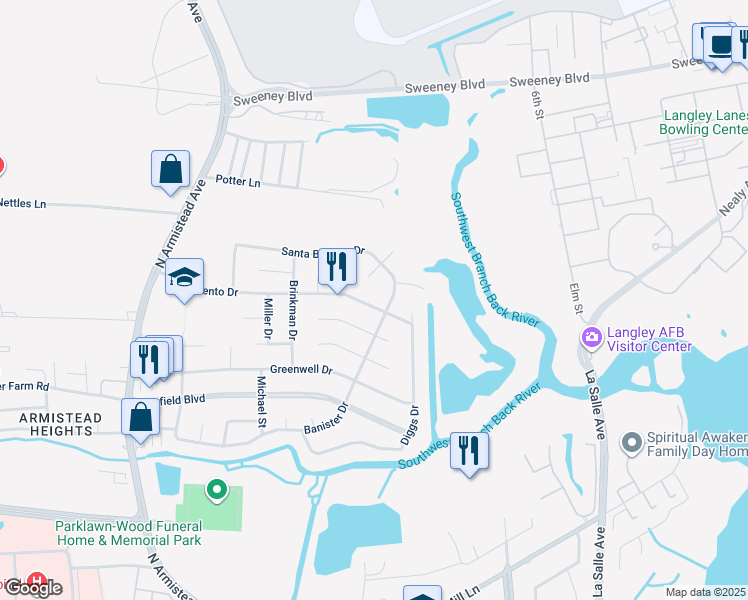 map of restaurants, bars, coffee shops, grocery stores, and more near 121 Sacramento Drive in Hampton