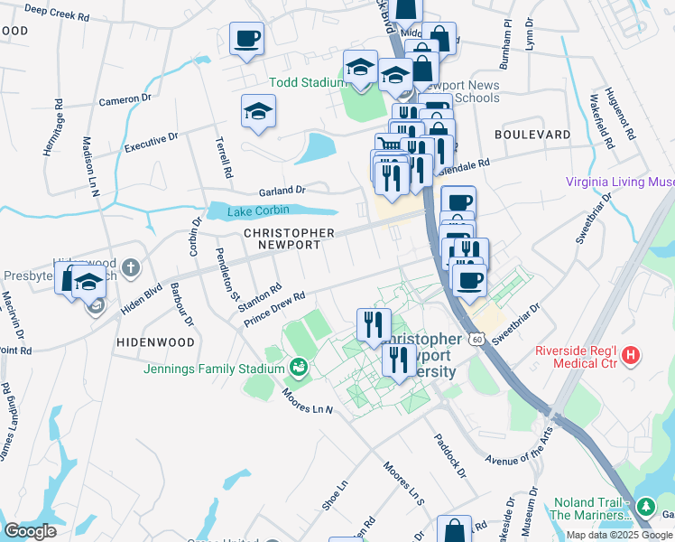 map of restaurants, bars, coffee shops, grocery stores, and more near 9 Fleming Circle in Newport News