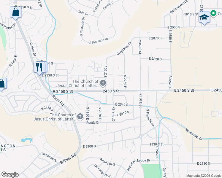 map of restaurants, bars, coffee shops, grocery stores, and more near 2434 2160 East Street in St. George