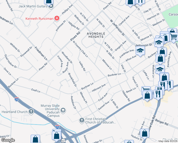 map of restaurants, bars, coffee shops, grocery stores, and more near 172 Valley Rd in Paducah
