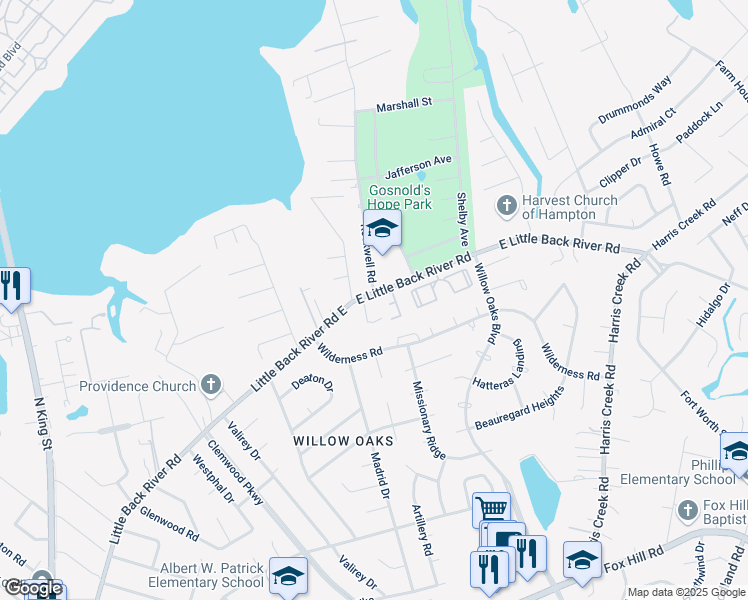 map of restaurants, bars, coffee shops, grocery stores, and more near 33 Cannonball Circle in Hampton