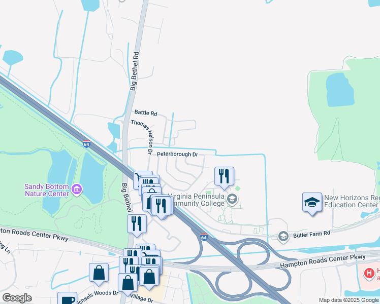 map of restaurants, bars, coffee shops, grocery stores, and more near 27 Peterborough Dr in Hampton