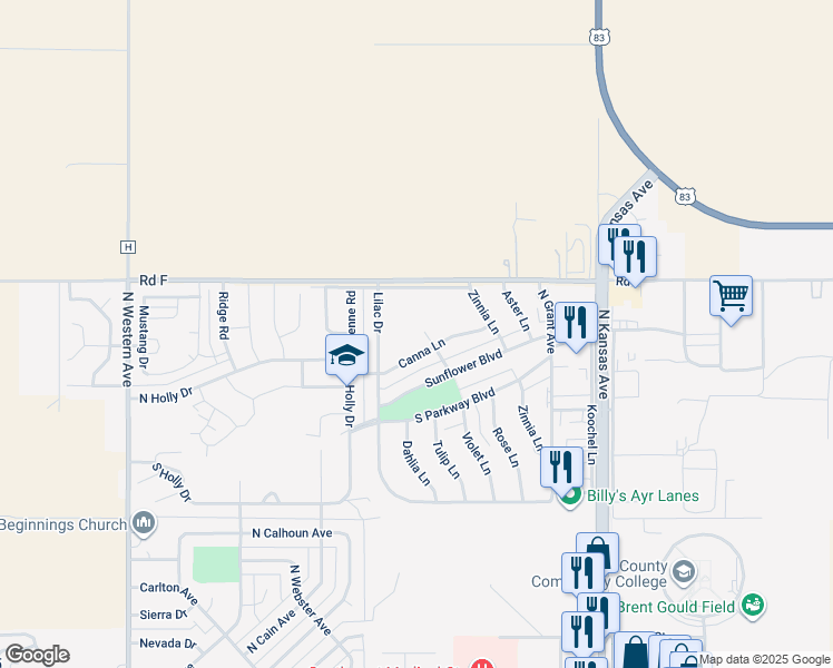 map of restaurants, bars, coffee shops, grocery stores, and more near 401 Canna Lane in Liberal